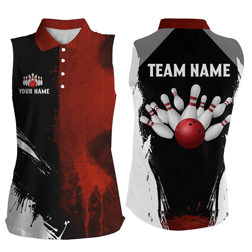 Black And Red Bowling Sleeveless Polo For Women Custom Bowling Team Polo, Gift For Bowlers, Women Bowling Shirts