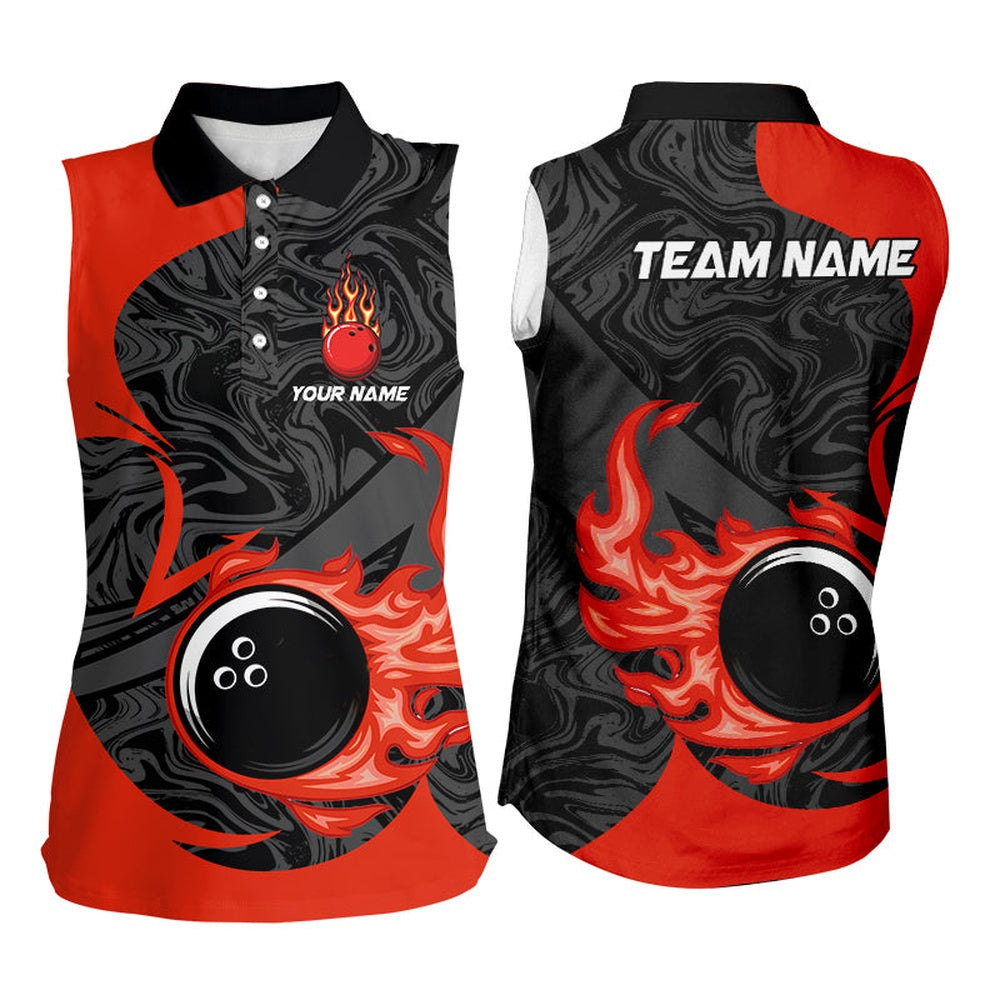 Black And Red Flame Bowling Ball Bowling Sleeveless Polo Shirt Custom Bowling Team League Polo, Women Bowling Shirts