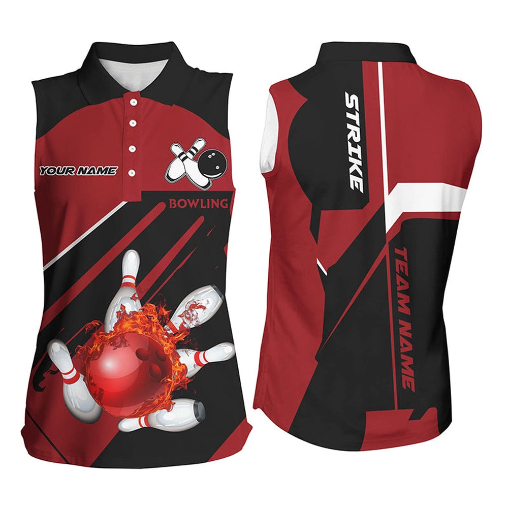Black And Red Flame Bowling Polo Womens Strike Bowling Custom Bowling Sleeveless Polo Shirts, Women Bowling Shirts