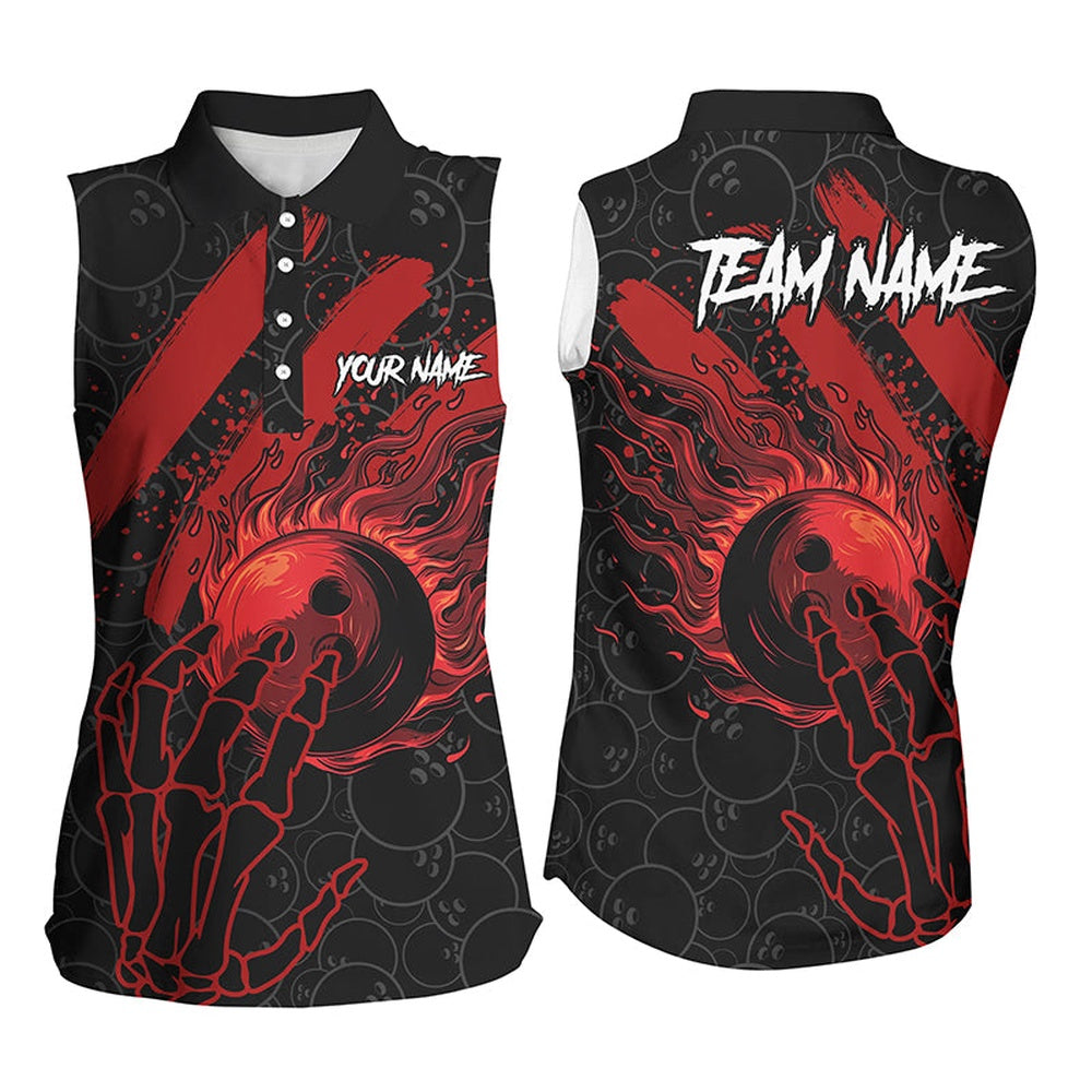 Black And Red Flame Camo Bowling Sleeveless Polo Shirts For Women Custom Reaper Bowling Team Polo, Women Bowling Shirts
