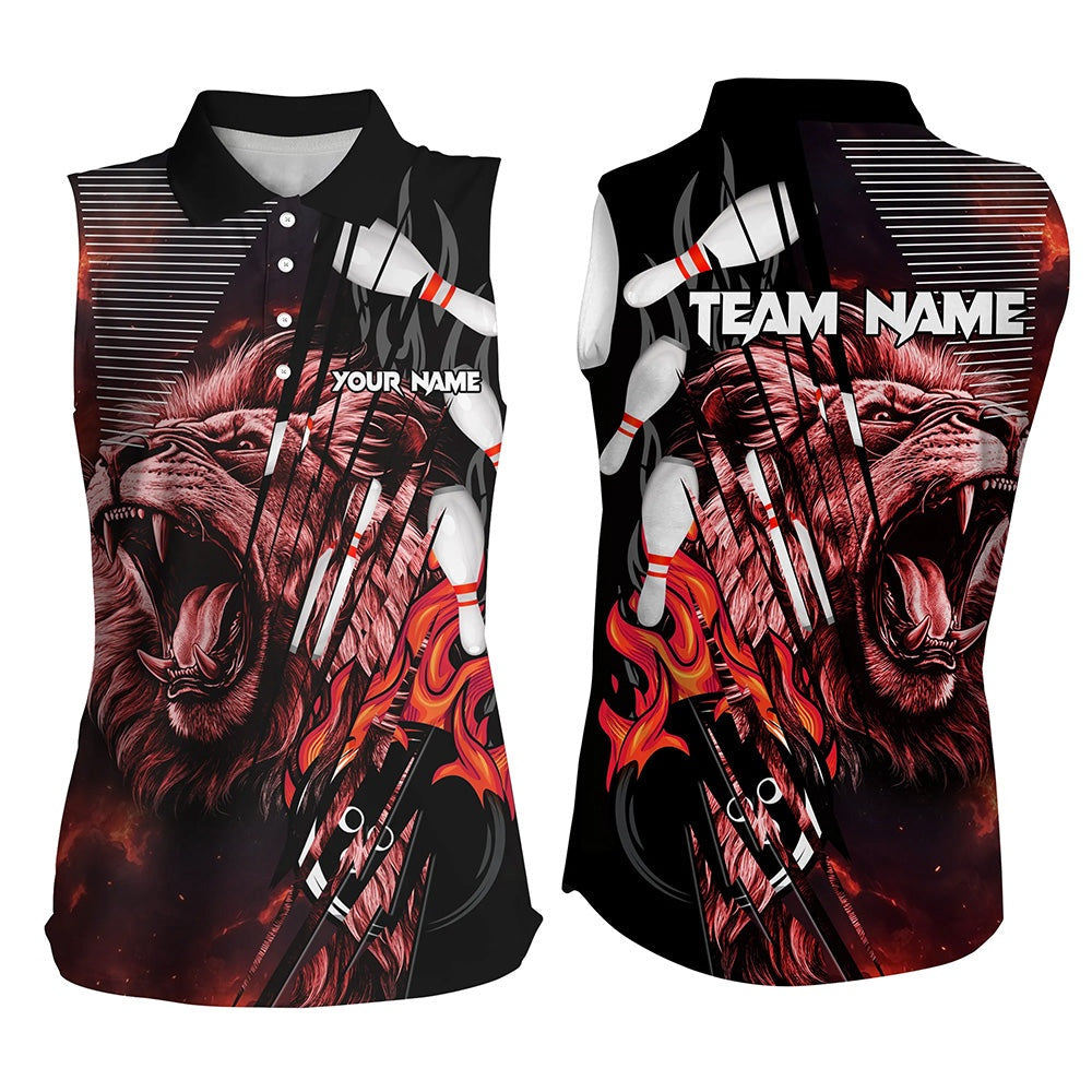Black And Red Lion Custom Bowling Sleeveless Polo Shirts Bowling Team League Polo Outfits, Women Bowling Shirts