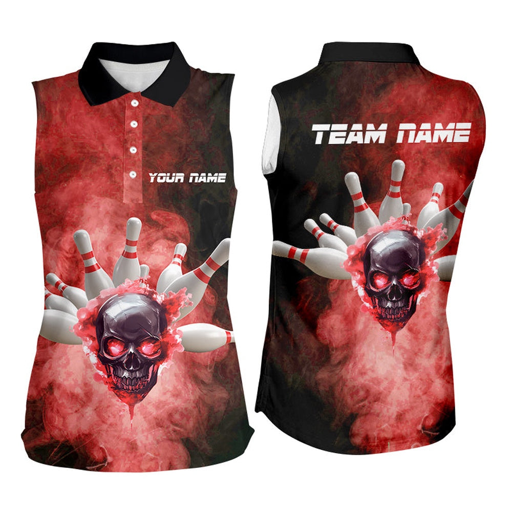 Black And Red Smoke Skull Bowling Polo For Women Custom Bowling Sleeveless Polo Shirt Team Bowlers, Women Bowling Shirts