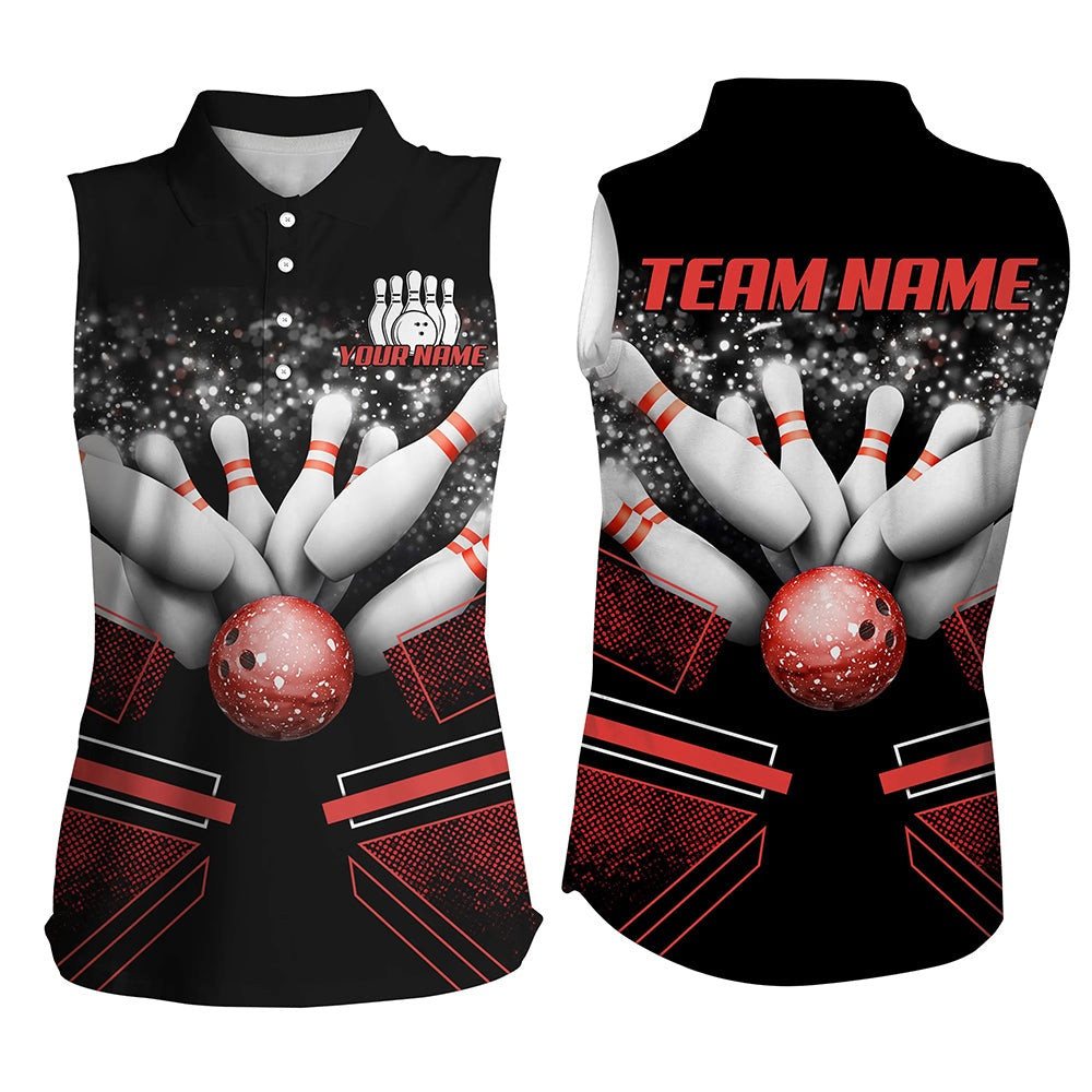 Black And Red Womens Sleeveless Polo Bowling Shirt Custom Bowling Ball And Pins Team League Polo, Women Bowling Shirts