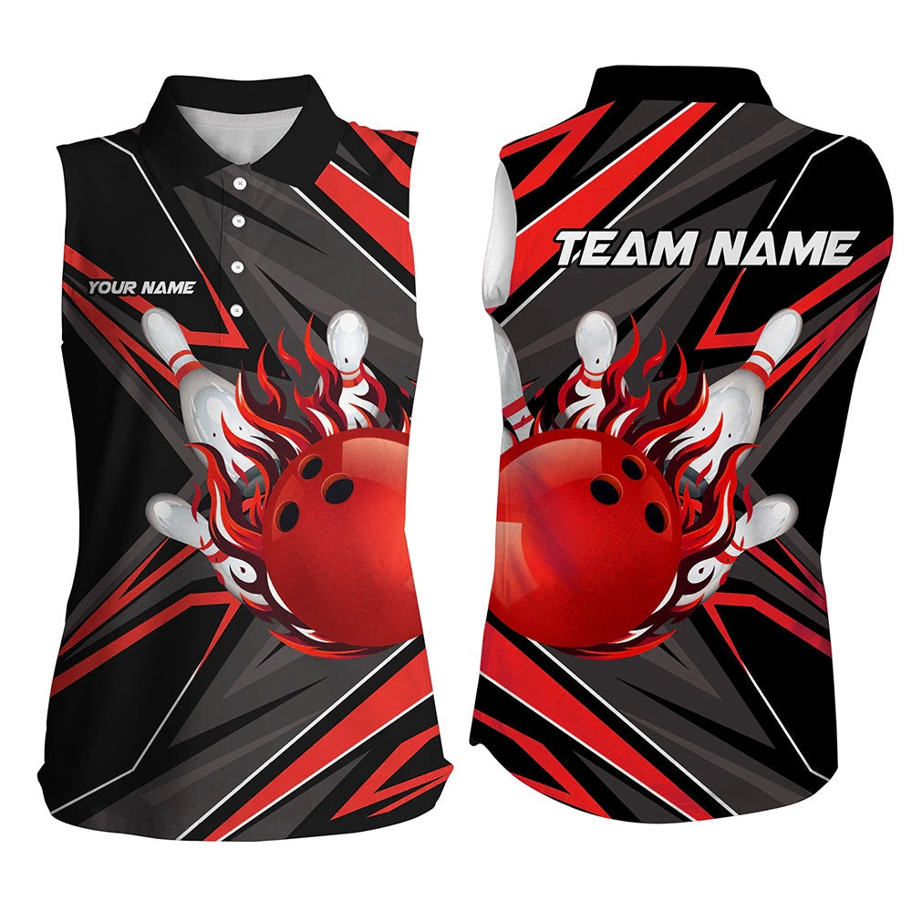 Black And Red Womens Sleeveless Polo Shirts Custom Bowling Ball Pins Flame Bowling Polo For Bowlers, Women Bowling Shirts
