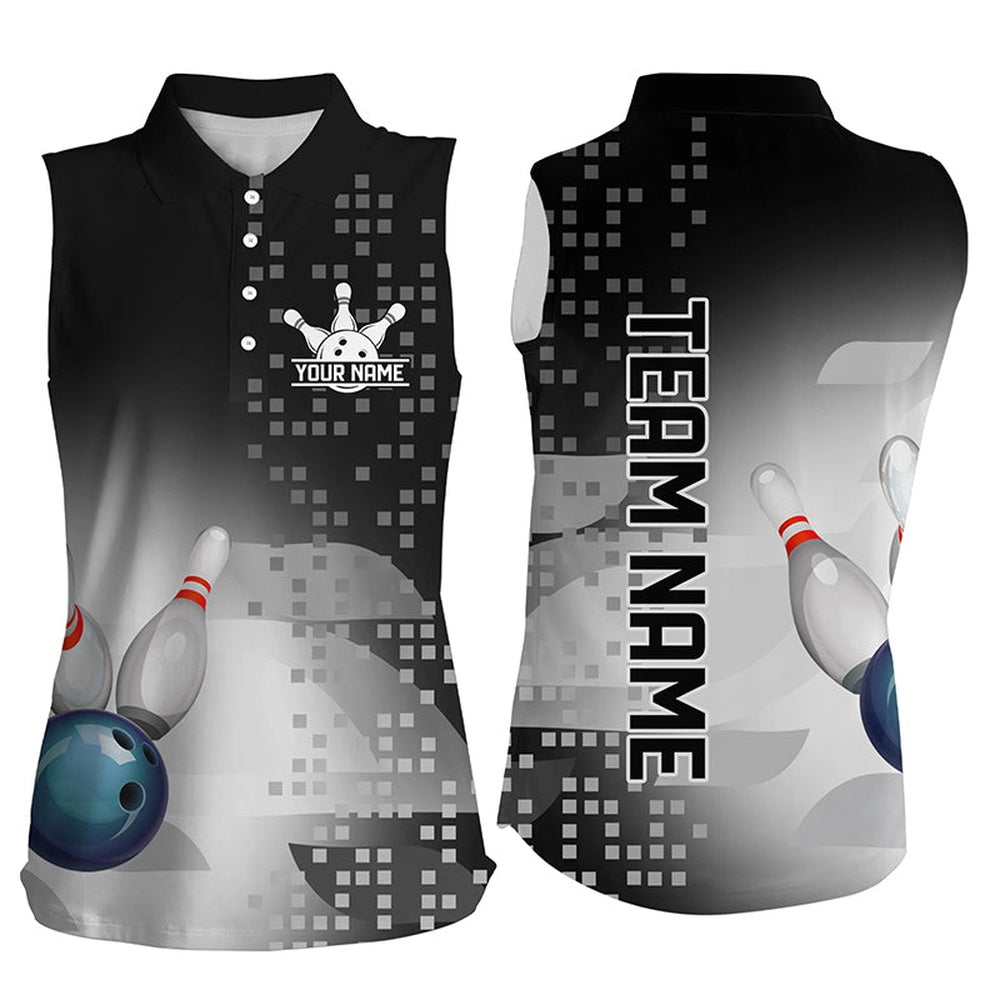 Black And White Bowling Sleeveless Polo Shirt For Women Custom Team Bowling Polo, Gift For Bowlers, Women Bowling Shirts