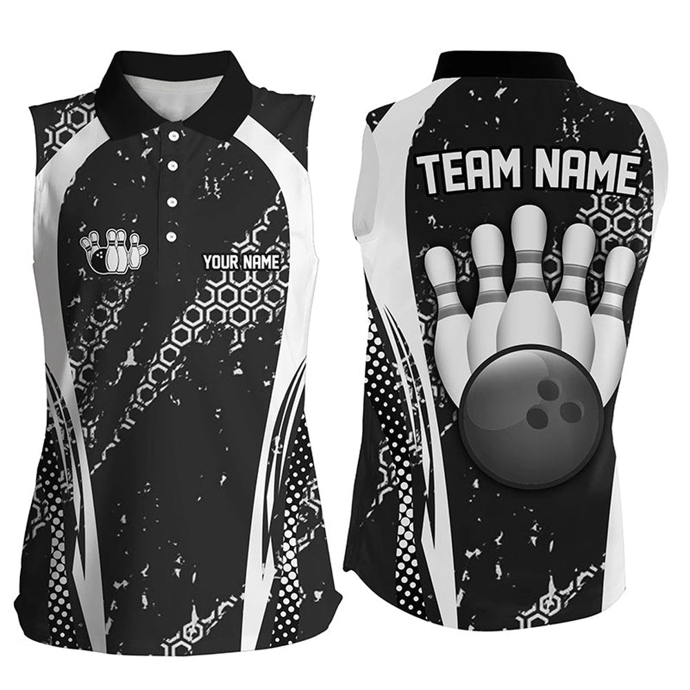 Black And White Grunge Retro Bowling Sleeveless Polo Shirts Custom Team Bowling League Polo, Women Bowling Shirts