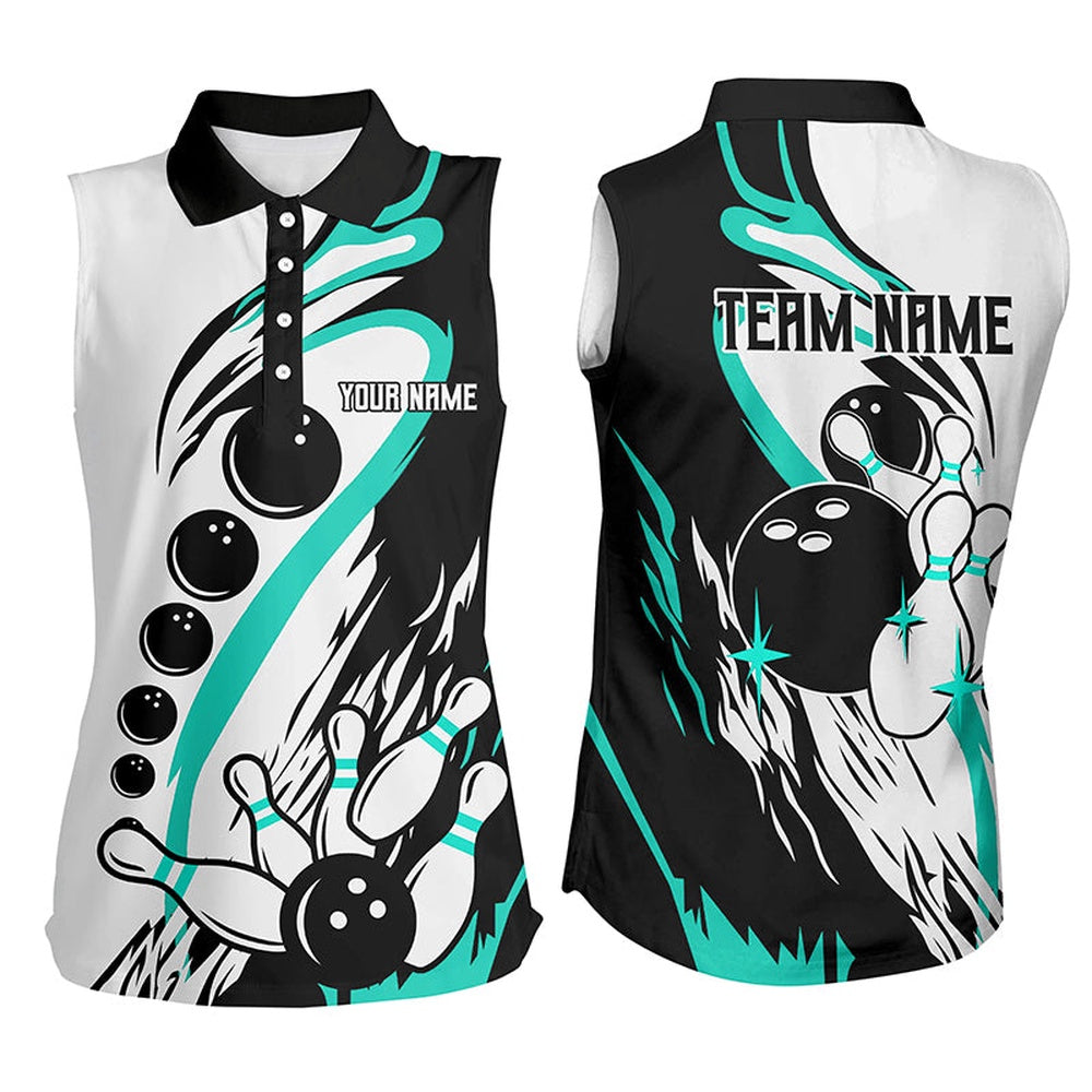 Black And White Retro Bowling League Polo Custom Women Sleeveless Polo Shirt, Bowler Gift Turquoise, Women Bowling Shirts