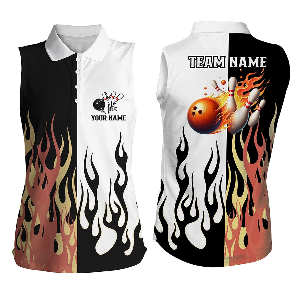 Black And White Women Sleeveless Bowling Polo Shirts Custom Flame Bowling Team Polo, Bowling Gifts, Women Bowling Shirts