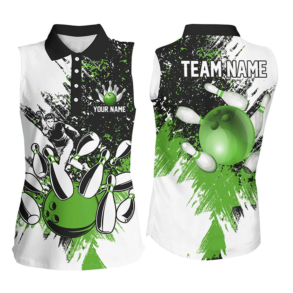 Black And White Women Sleeveless Polo Shirts Custom Bowling Polo, Girls Bowling Outfit Green, Women Bowling Shirts