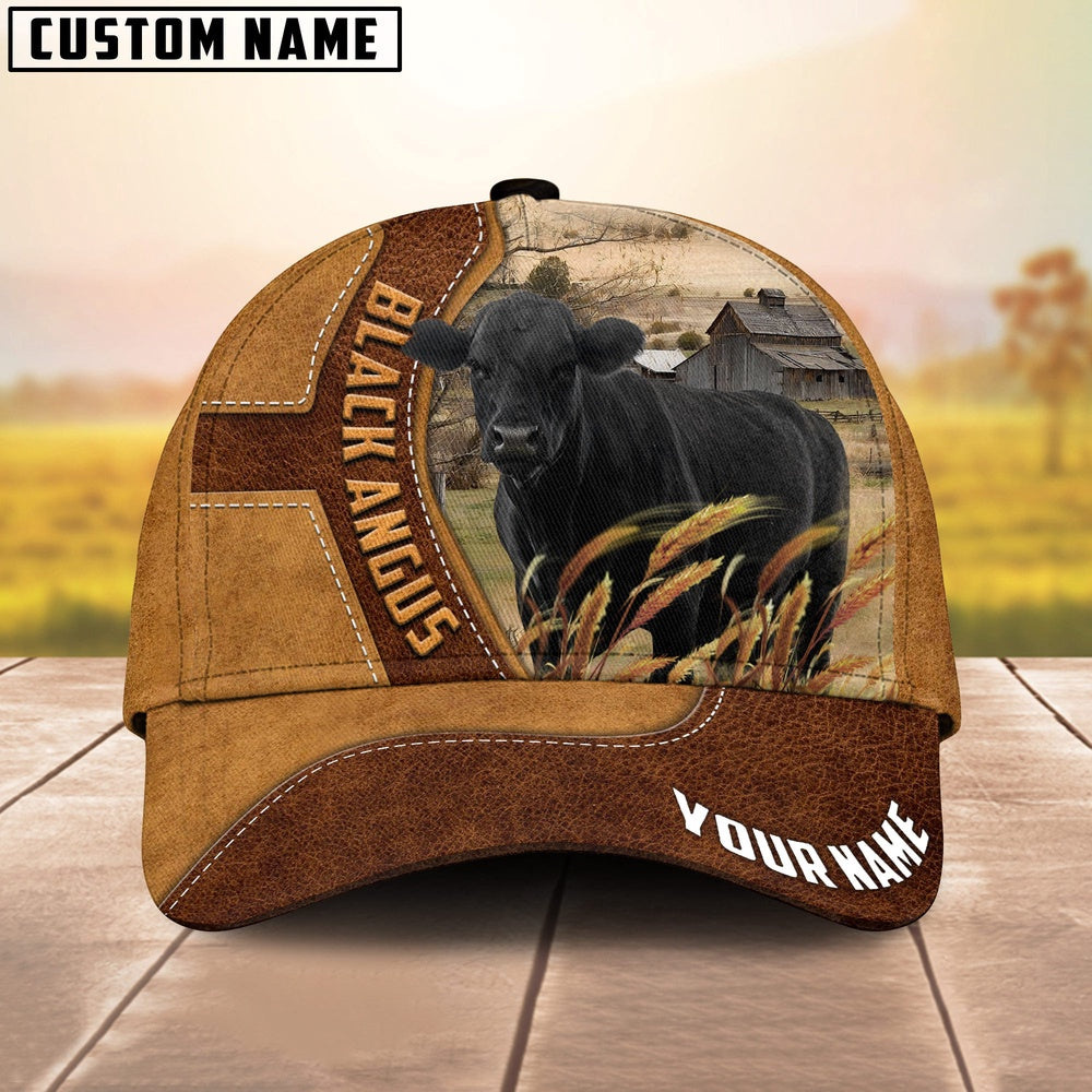 Black Angus Customized Name Brown Leather Pattern Cap, Farmer Cap, Vintage Farmer Hat, Mens Farmer Hats, Cap For Farmers