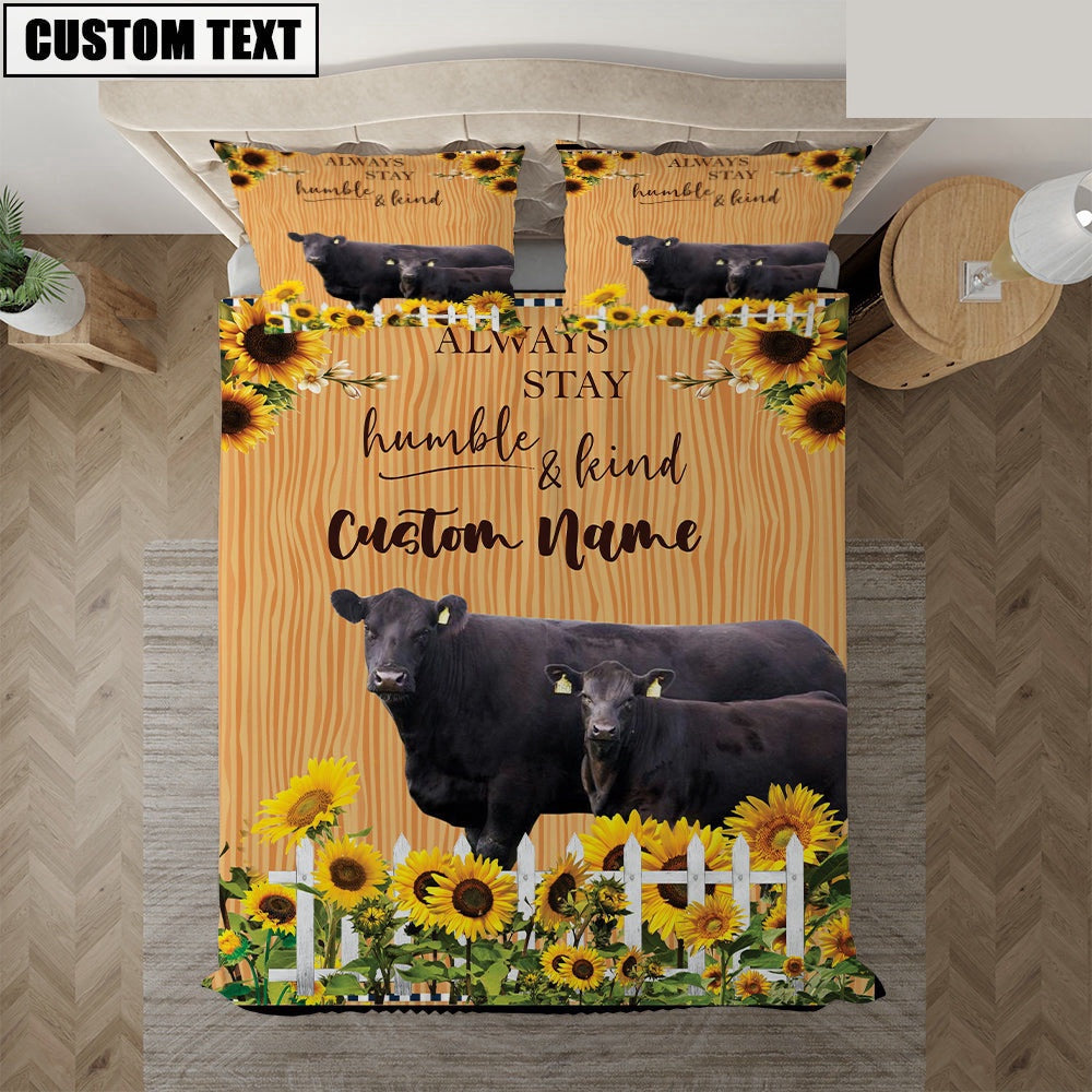 Black Angus Stay Humble And Kind Custom Name Bedding Set, Farm Bedding Set, Farmhouse Bedding Set