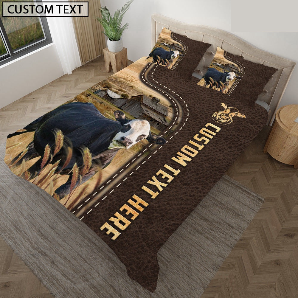 Black Baldy Custom Text Leather Pattern Bedding Set, Farm Bedding Set, Farmhouse Bedding Set