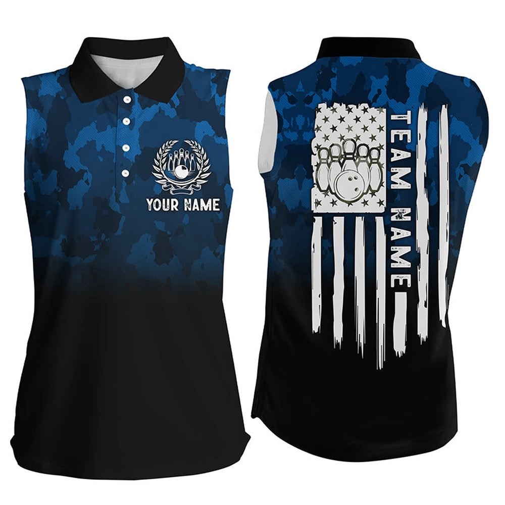 Black Blue Camo Women Sleeveless Polo Shirts Custom American Flag Patriotic Bowling Team Polo, Women Bowling Shirts