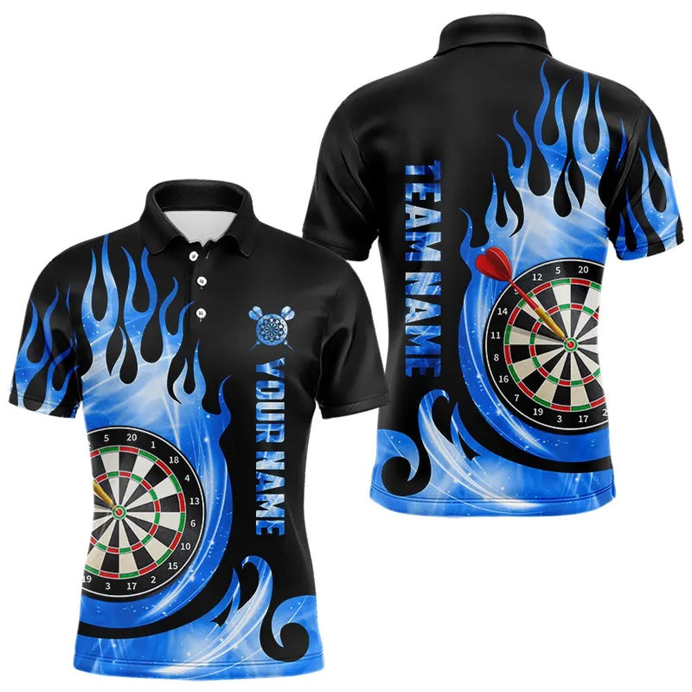 Black Blue Fire Flame Light Darts Polo Custom Dart Shirts For Men League Dart Polo, Darts Team Polo Shirt
