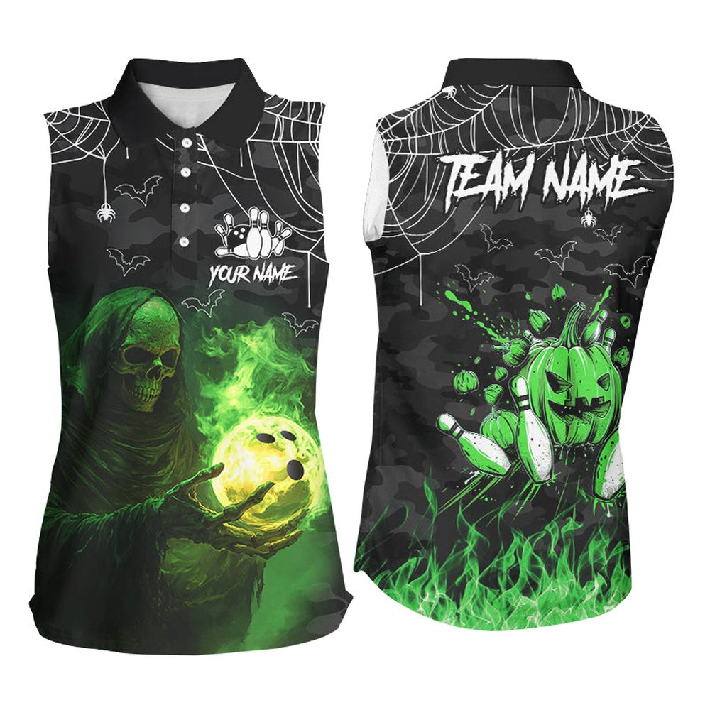 Black Bowling Camo Green Flame Skull Custom Halloween Sleeveless Polo Shirts, Bowling Team Polo, Women Bowling Shirts