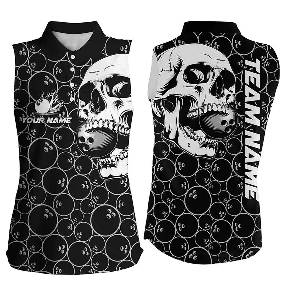 Black Bowling Camo White Skull Bowling Sleeveless Polo Shirts Custom Bowling Team Polo, Women Bowling Shirts