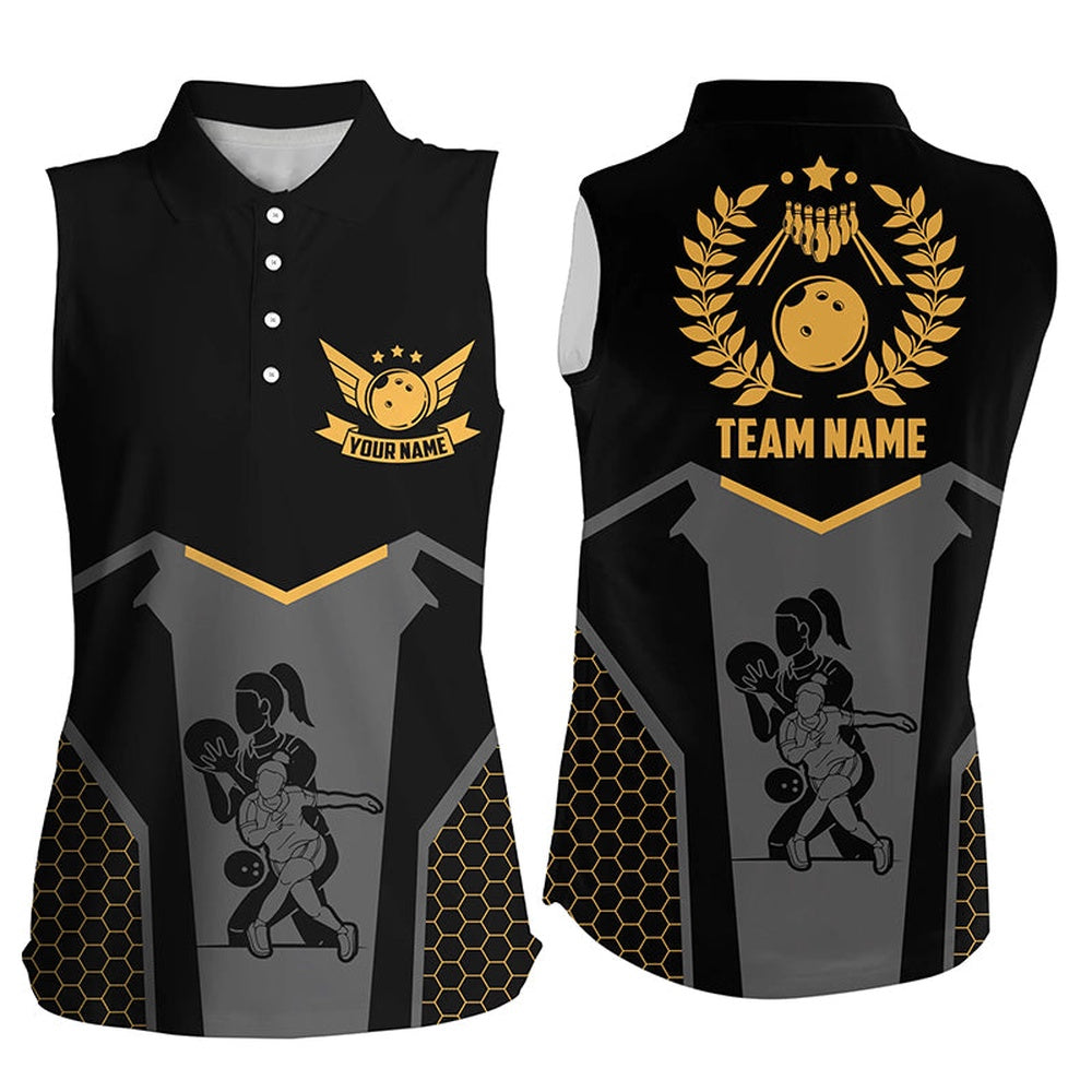 Black Bowling Polo For Women Custom Retro Bowling Sleeveless Polo Shirt For Team Bowlers Yellow, Women Bowling Shirts
