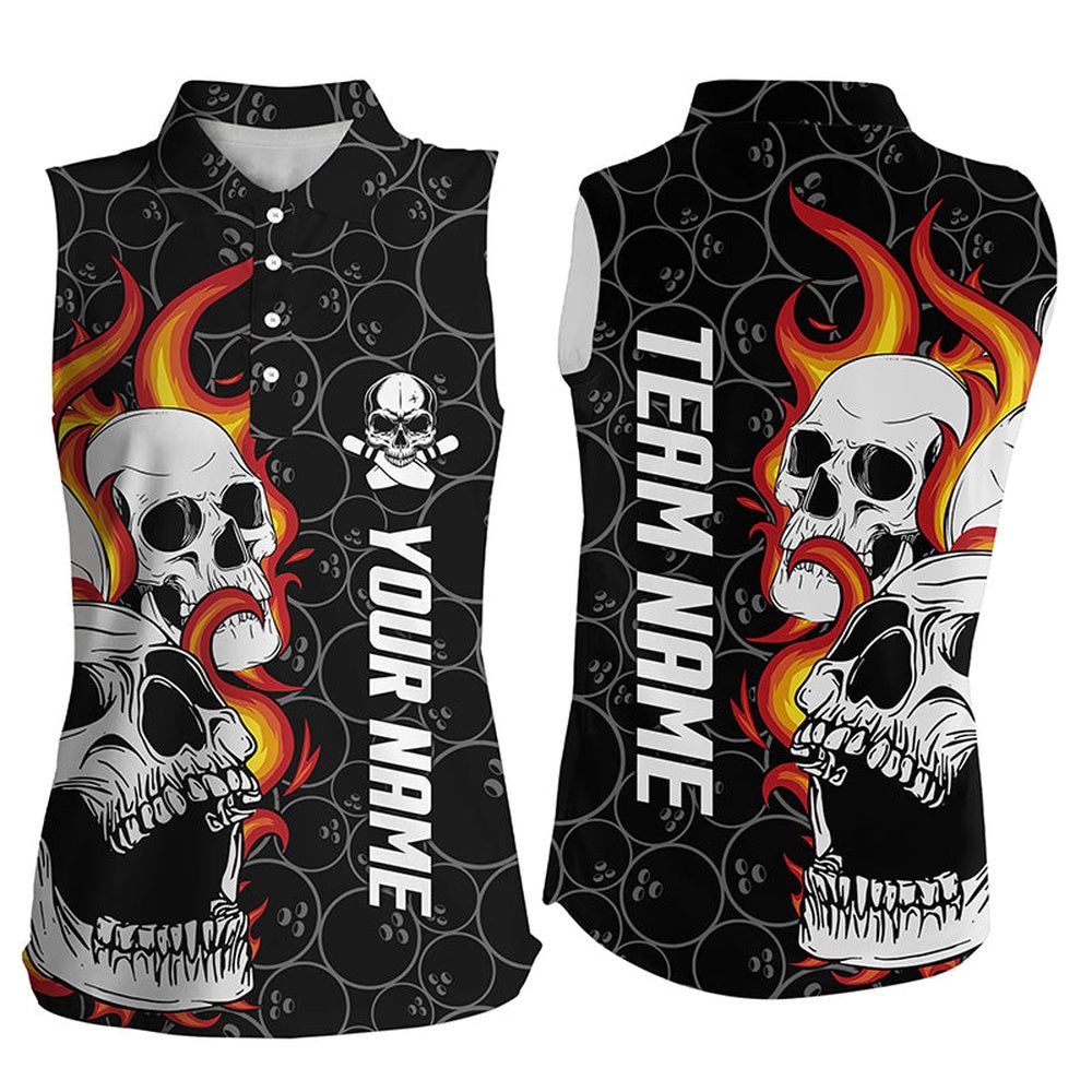 Black Camo Bowling Sleeveless Polo Shirts For Women Custom Flame Skull Bowling Team League Polo, Women Bowling Shirts
