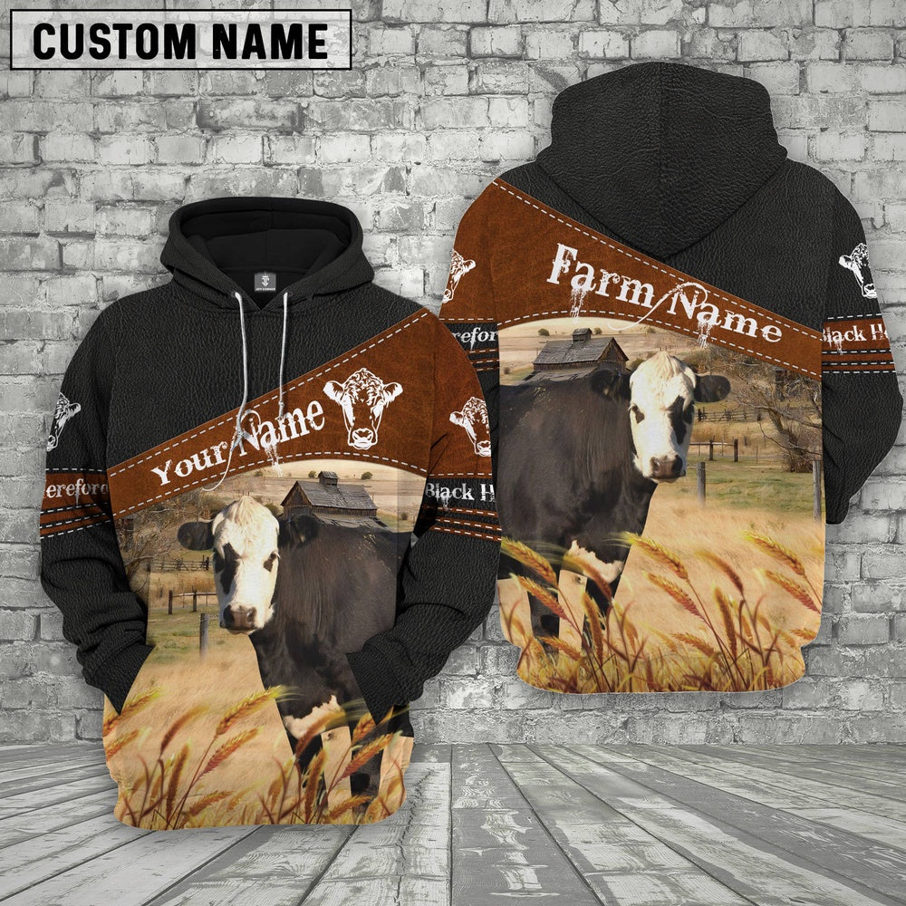 Black Hereford On Farms Custom Name Printed 3D Black Hoodie, Farmer Hoodie, Custom Farm Shirts, Farmer T Shirt
