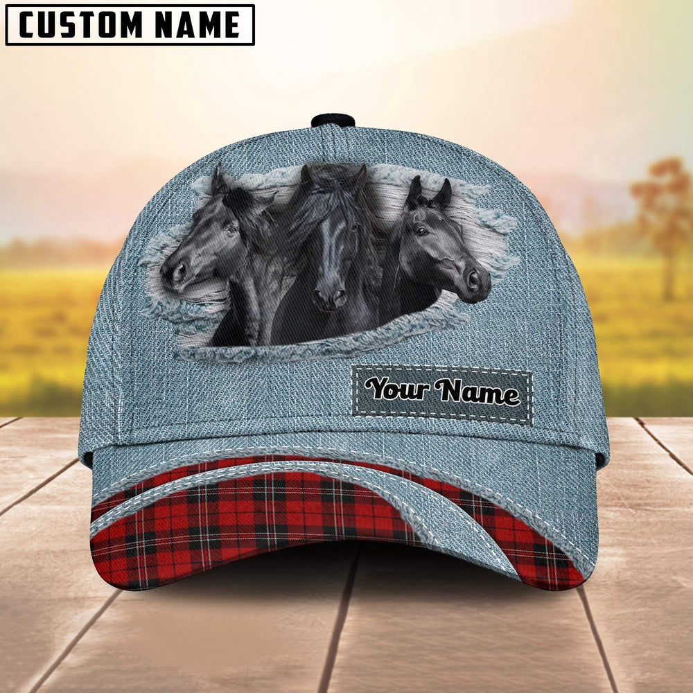 Black Horse Red Caro And Jeans Pattern Customized Name Cap, Farmer Cap, Vintage Farmer Hat, Mens Farmer Hats, Cap For Farmers