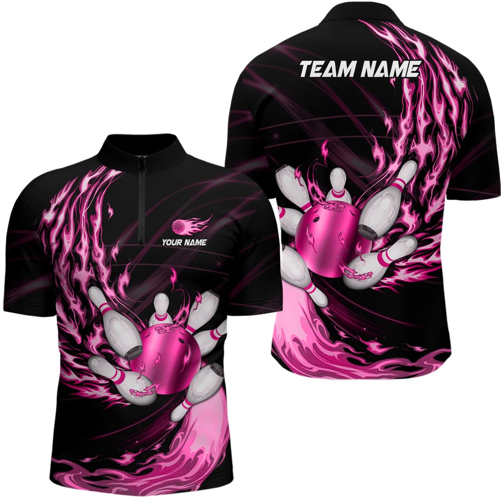 Black Mens Bowling Shirts Custom Pink Flame Bowling Ball And Pins Team League Bowler Jerseys, Bowling Jersey Shirt