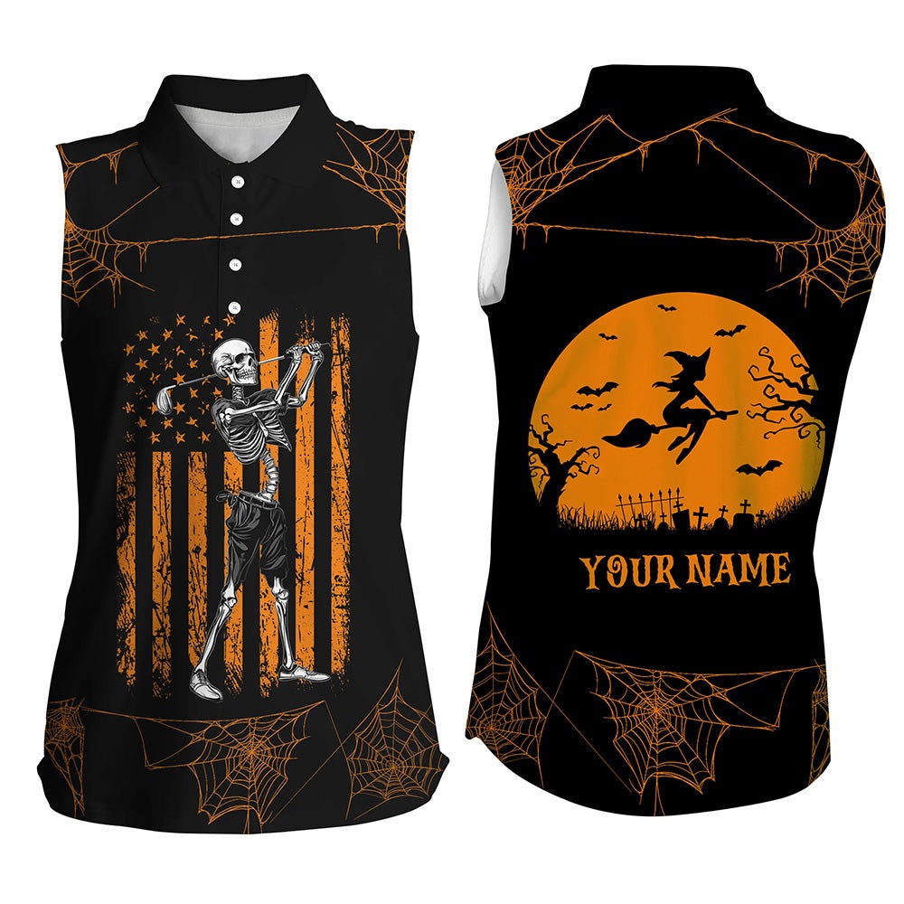 Black Orange American Flag Halloween Golf Skull Custom Women Sleeveless Polo Shirt,Halloween Golf Polo, Women Golf Shirts