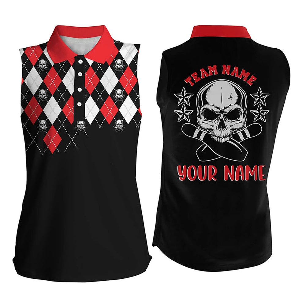 Black Red Argyle Pattern Bowling Skull Custom Bowling Sleeveless Polo Shirts For Women, Bowling Polo, Women Bowling Shirts