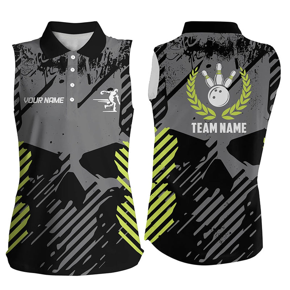 Black Skull Bowling Shirt For Women Custom Sleeveless Polo Shirts Bowling Team Skull League Polo, Women Bowling Shirts