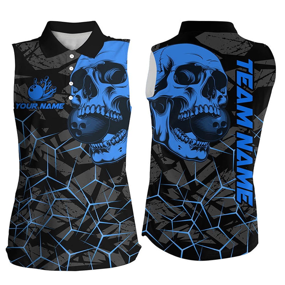 Black Skull Camo Bowling Sleeveless Polo Shirts Custom Bowling Team Polo Blue, Women Bowling Shirts