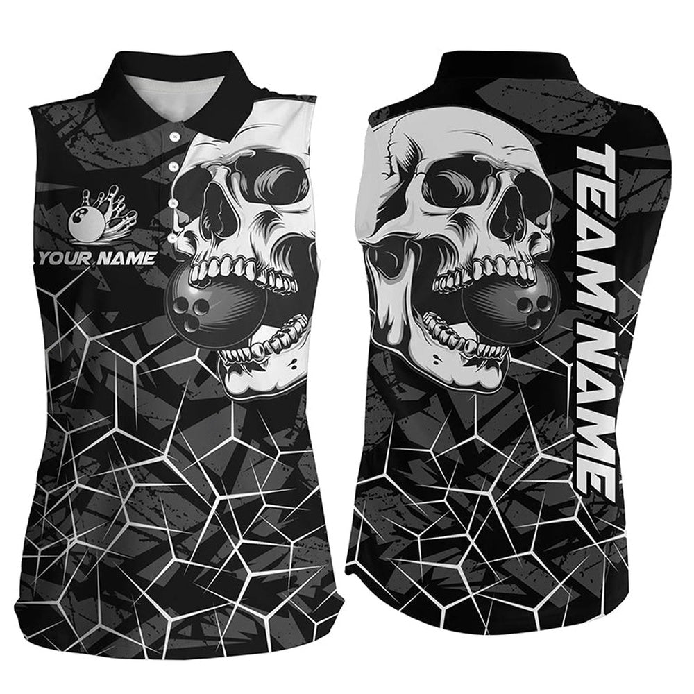 Black Skull Camo Bowling Sleeveless Polo Shirts Custom Bowling Team Polo White, Women Bowling Shirts