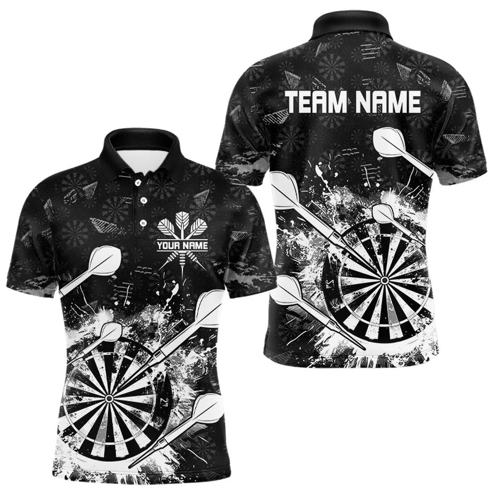 Black White Grunge Darts Polo And Polo For Men Custom Dart Shirts For Team Dart Polo, Darts Team Polo Shirt