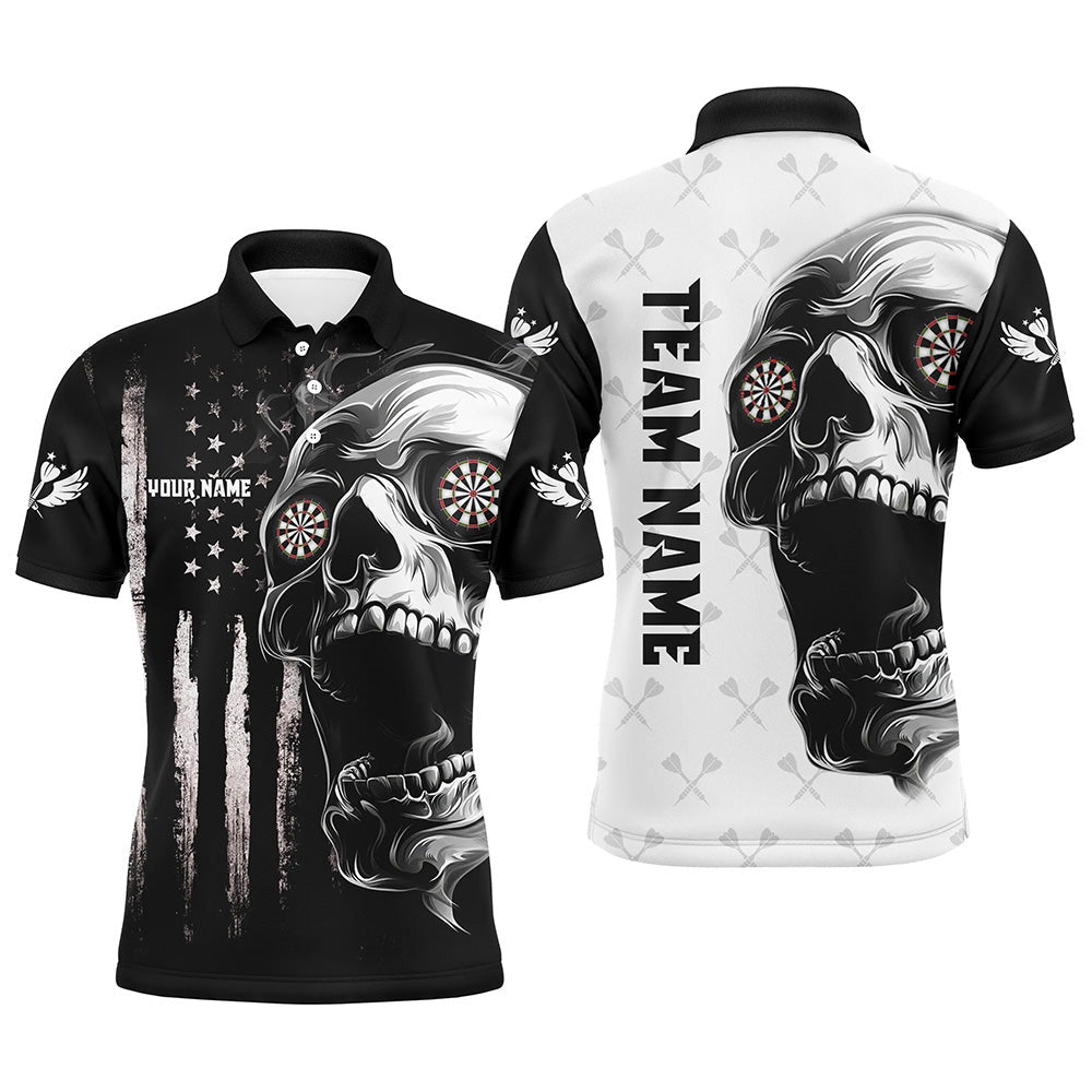 Black White Retro US Flag Skull Darts Polo Custom Darts Shirts For Men Darts Polo, Darts Team Polo Shirt