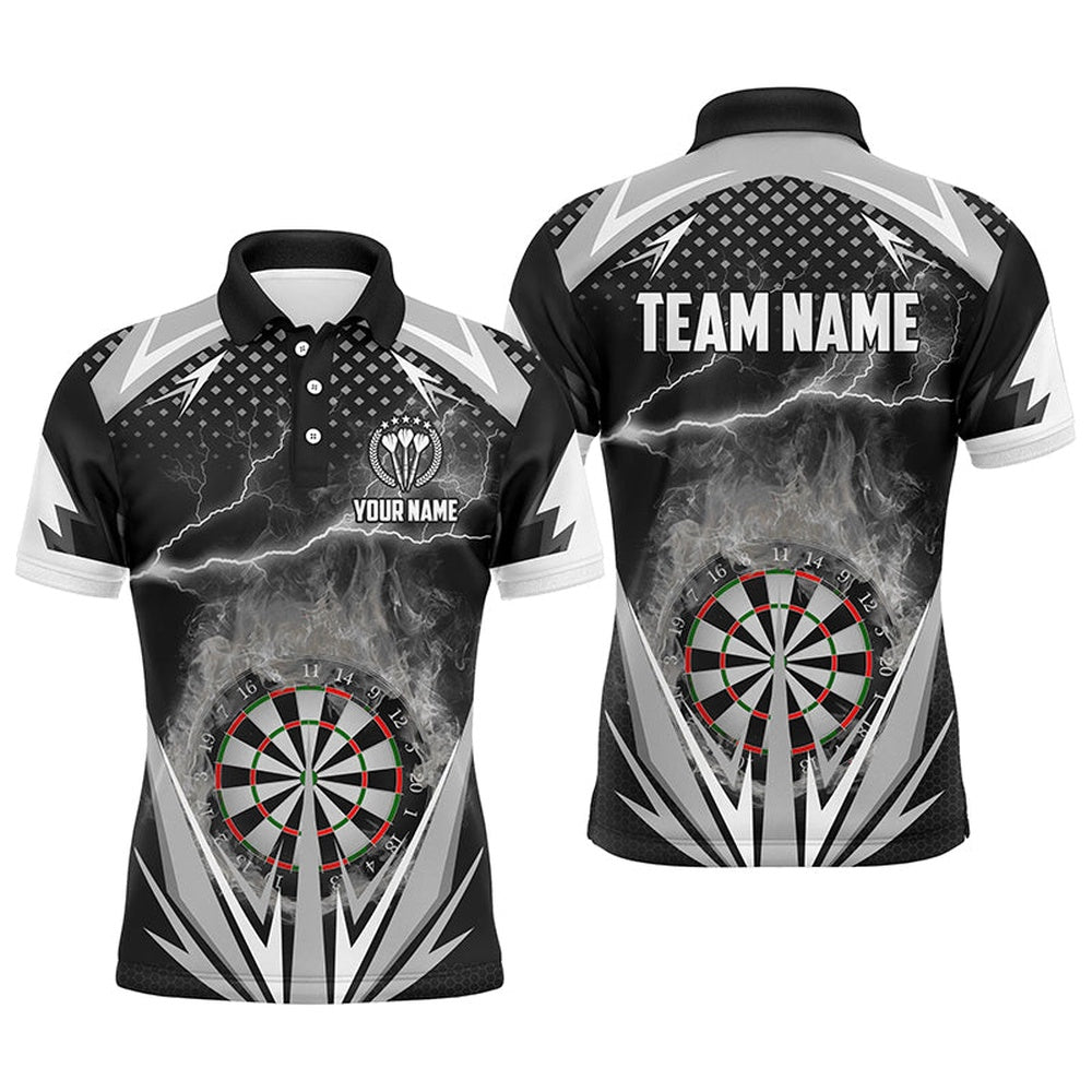 Black & White Thunder Flame Darts Mens Polo Shirt Custom Darts Shirt For Men Dart Polo, Darts Team Polo Shirt