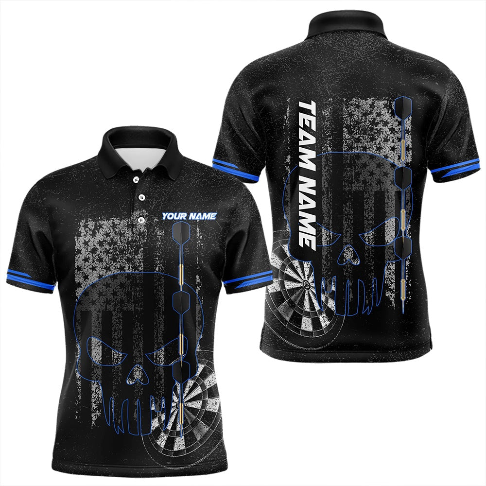 Black & White grunge American Flag Skull Darts Shirt For Men Custom patriotic Team Darts Polo Blue, Darts Team Polo Shirt