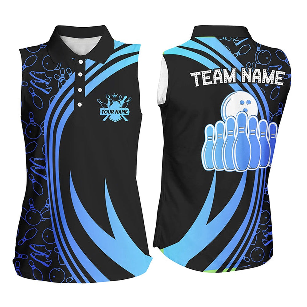 Black Women Sleeveless Polo Shirt Custom Blue Neon Team League Bowling Polo, Gifts For Bowlers, Women Bowling Shirts