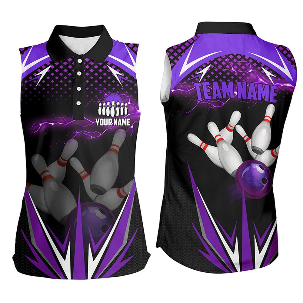 Black Women Sleeveless Polo Shirt Custom Purple Lightning Team Mens Bowlers Polo Bowling Outfits, Women Bowling Shirts