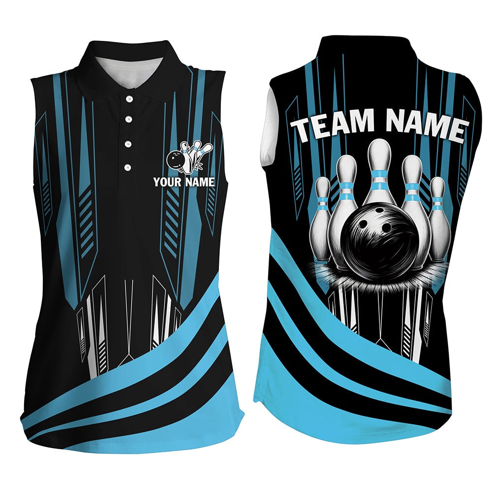 Black Women Sleeveless Polo Shirts Custom Bowling Team League Polo, Gift For Bowlers Blue, Women Bowling Shirts