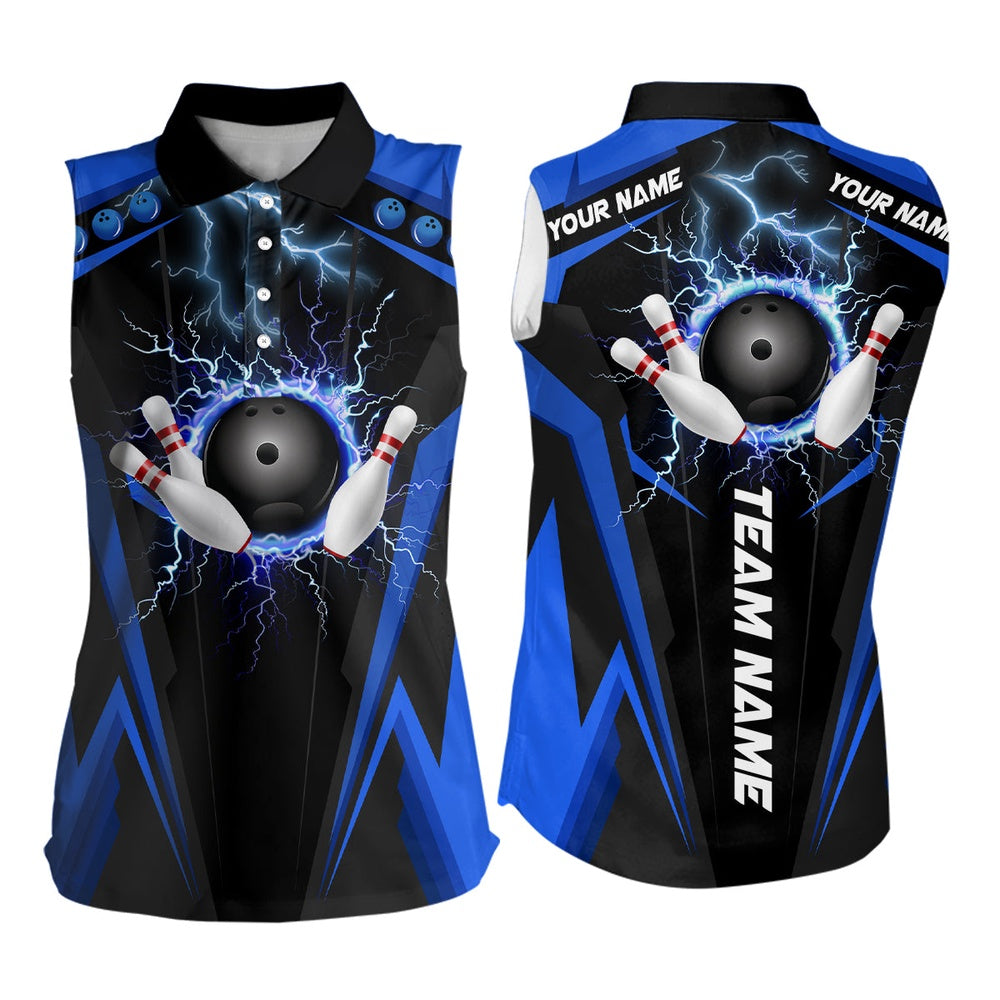 Black Women Sleeveless Polo Shirts Custom Lightning Thunder Team League Bowling Polo Blue, Women Bowling Shirts