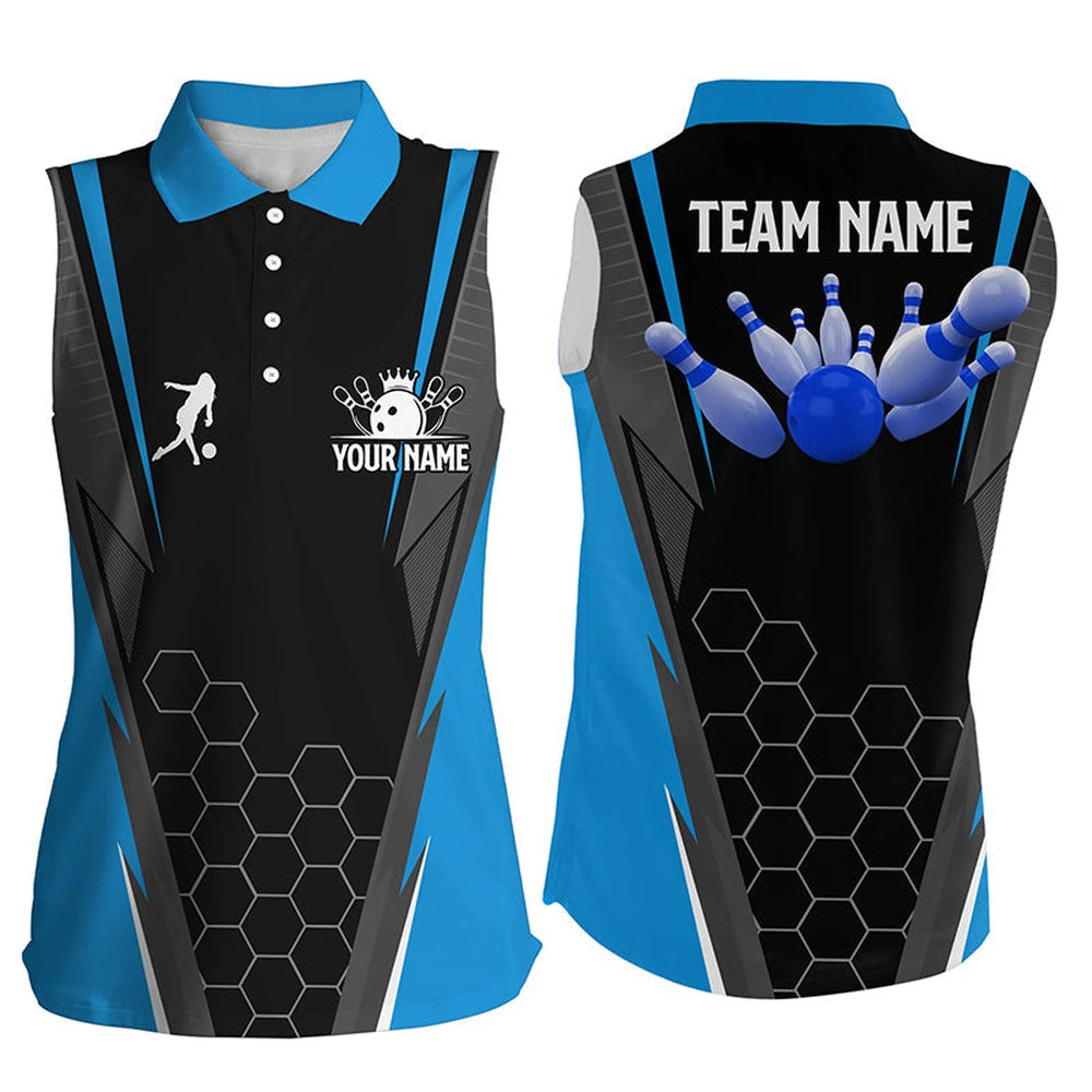 Black Women's Bowling Sleeveless Polo Shirt Custom Ladies Bowlers Polo, Team Bowling Outfits Blue, Women Bowling Shirts