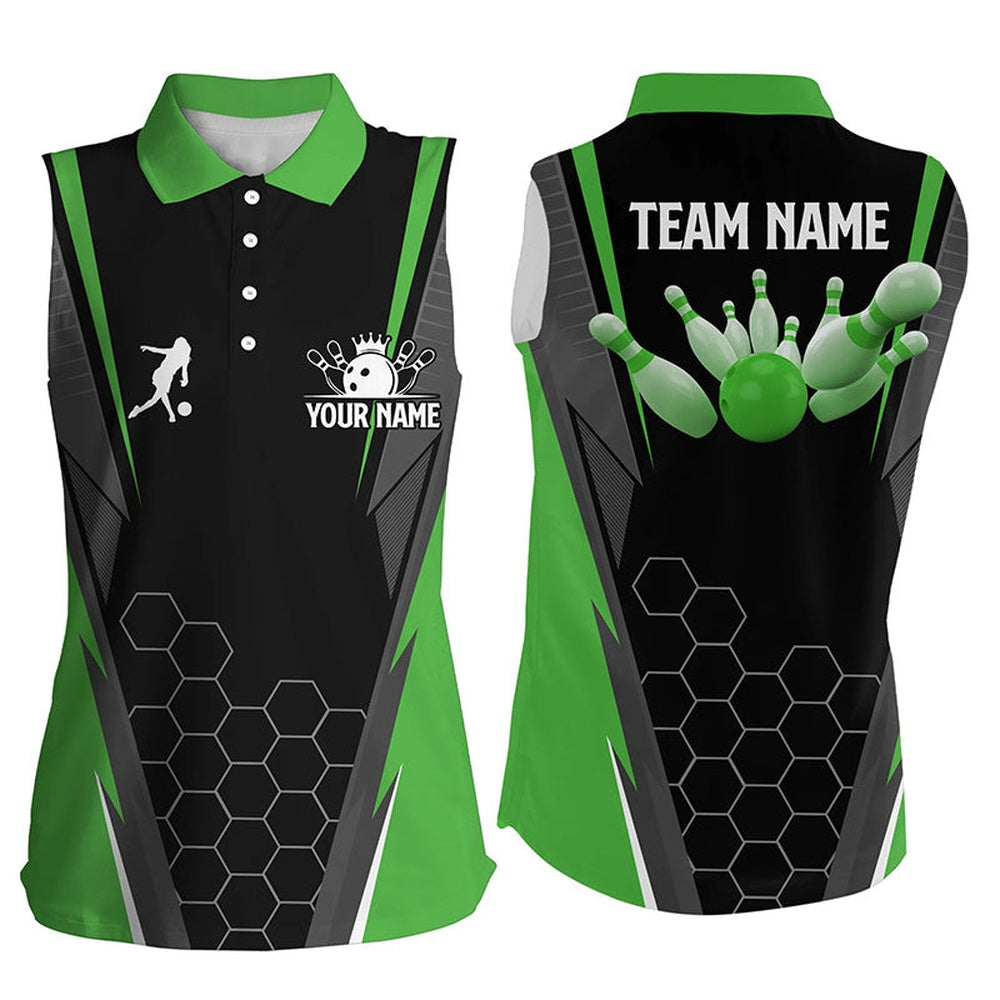 Black Women's Bowling Sleeveless Polo Shirt Custom Ladies Bowlers Polo, Team Bowling Outfits Green, Women Bowling Shirts