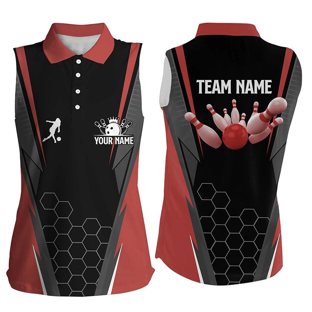 Black Women's Bowling Sleeveless Polo Shirt Custom Ladies Bowlers Polo, Team Bowling Outfits Red, Women Bowling Shirts