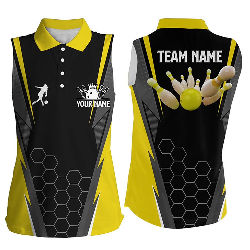 Black Women's Bowling Sleeveless Polo Shirt Custom Ladies Bowlers Polo, Team Bowling Outfits Yellow, Women Bowling Shirts