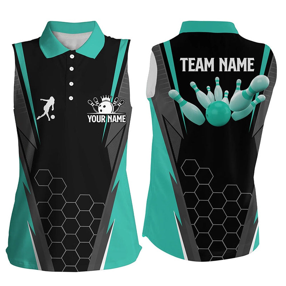 Black Women's Sleeveless Polo Shirt Custom Ladies Bowlers Polo, Team Bowling Outfits Turquoise, Women Bowling Shirts