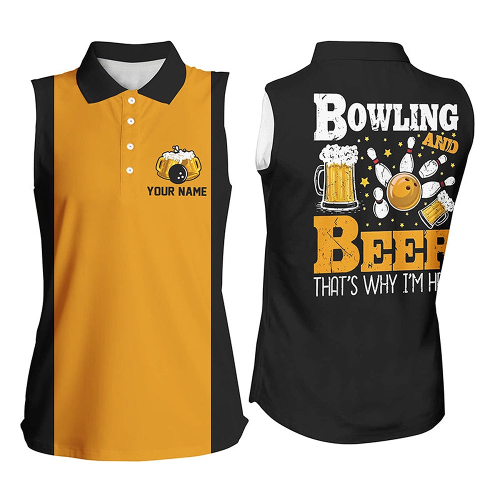 Black Yellow Retro Bowling Sleeveless Polo Shirts For Women Custom Bowling & Beer That'S Why I'M Here, Women Bowling Shirts