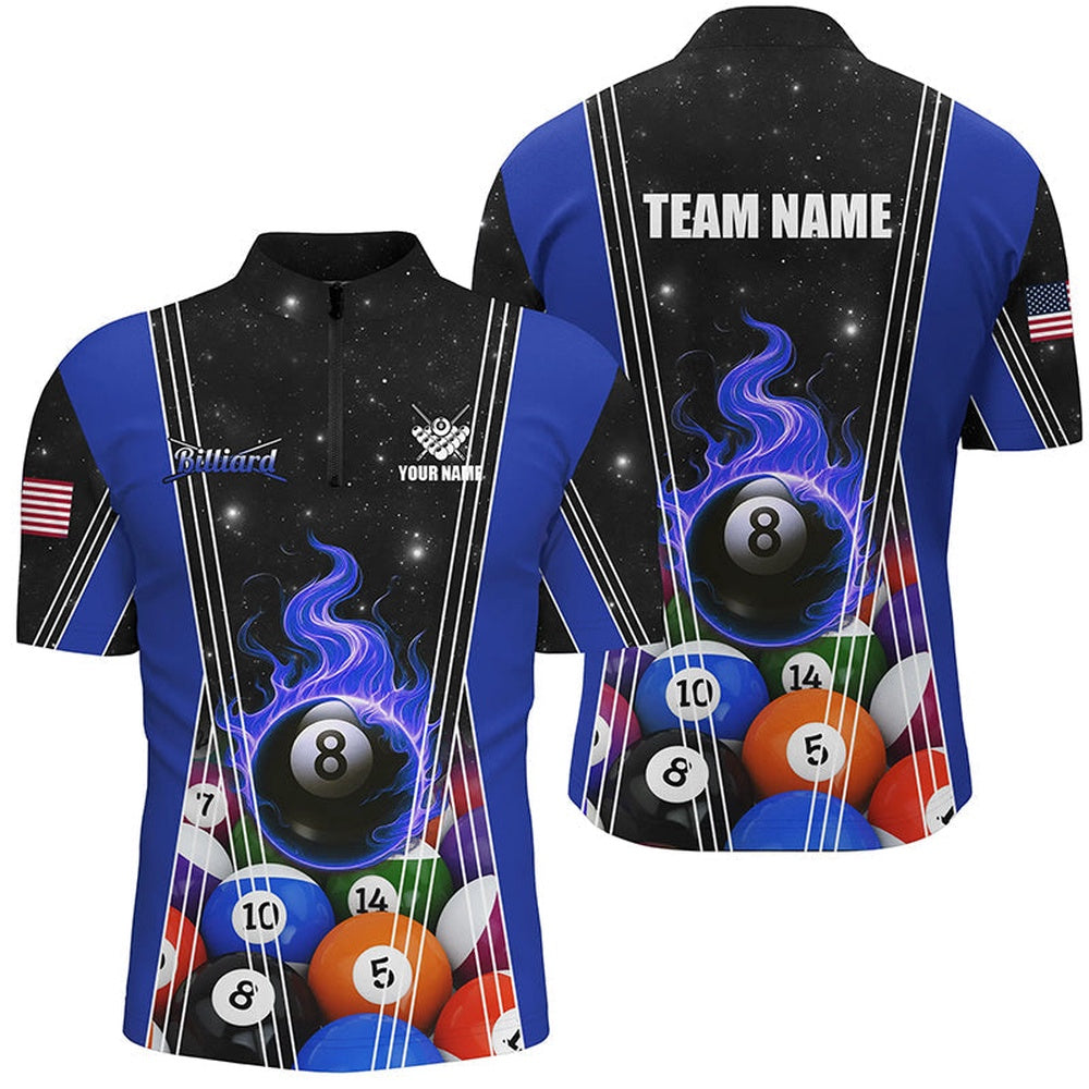 Blue 8 Ball Pool Fire Flame Billiard Balls Jersey Shirts Custom Billiard Jerseys, Billiard Team Jersey Shirt