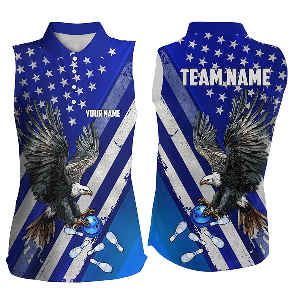Blue American Flag Eagle Bowling Sleeveless Polo Shirt Custom Patriotic Bowling Team Polo, Women Bowling Shirts
