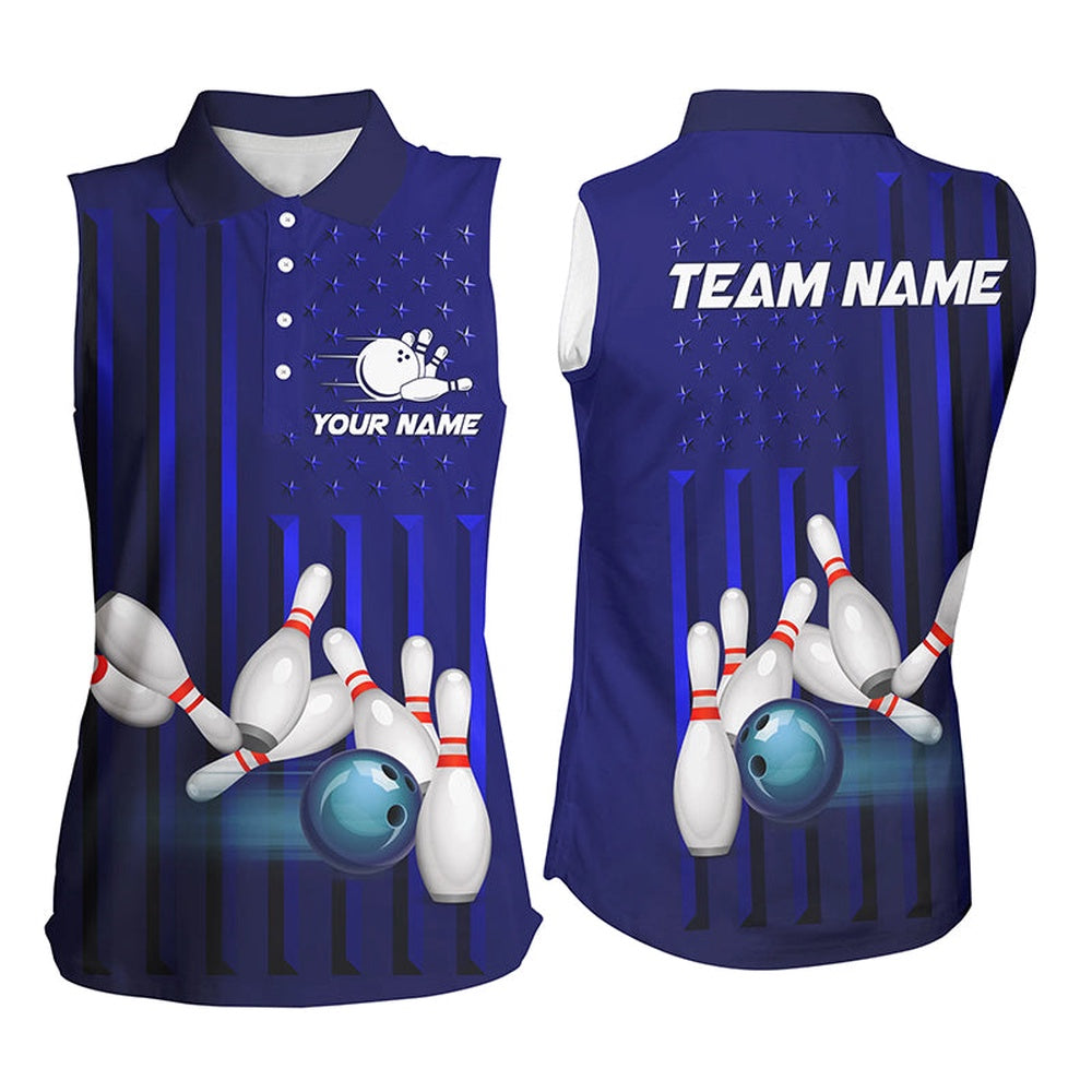 Blue American Flag Patriotic Bowling Sleeveless Polo Shirts For Women, Custom Team Bowling Shirts, Women Bowling Shirts