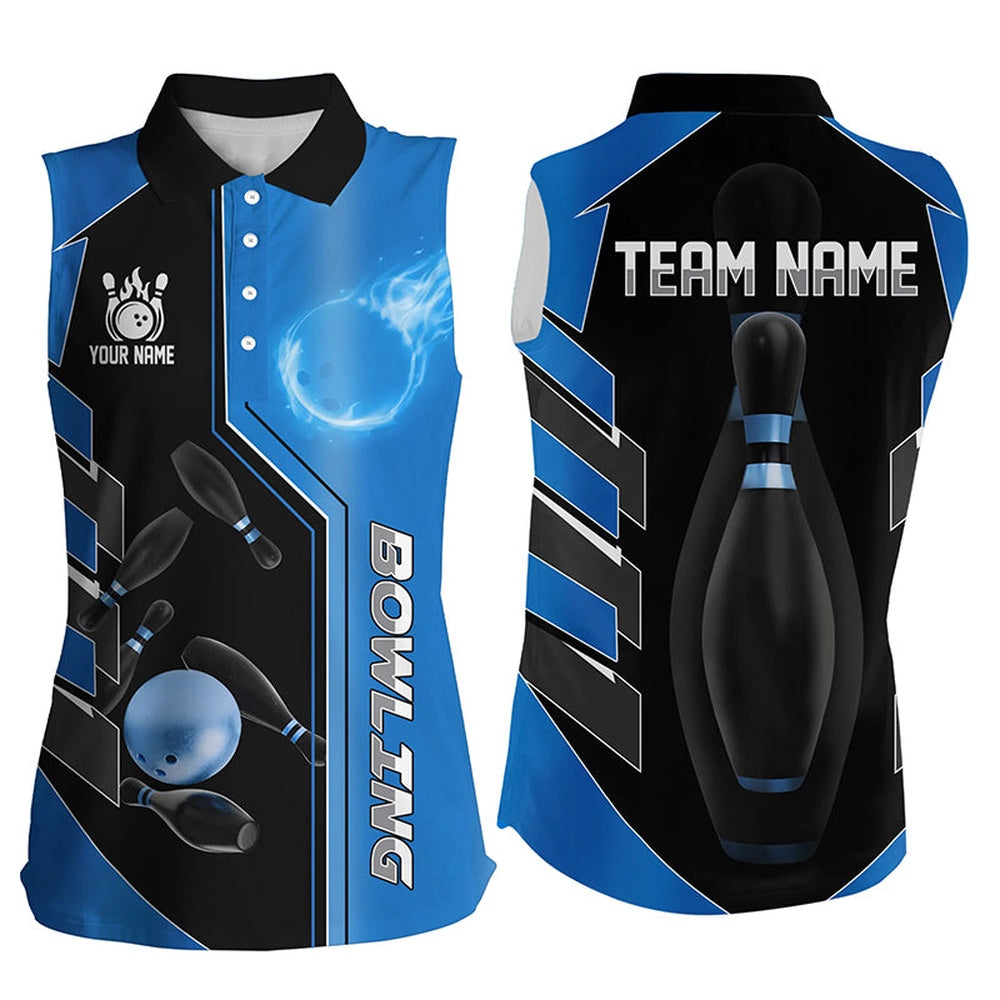 Blue And Black Bowling Sleeveless Polos Custom Bowling Ball Pins Team Bowling Polo Bowler Outfits, Women Bowling Shirts