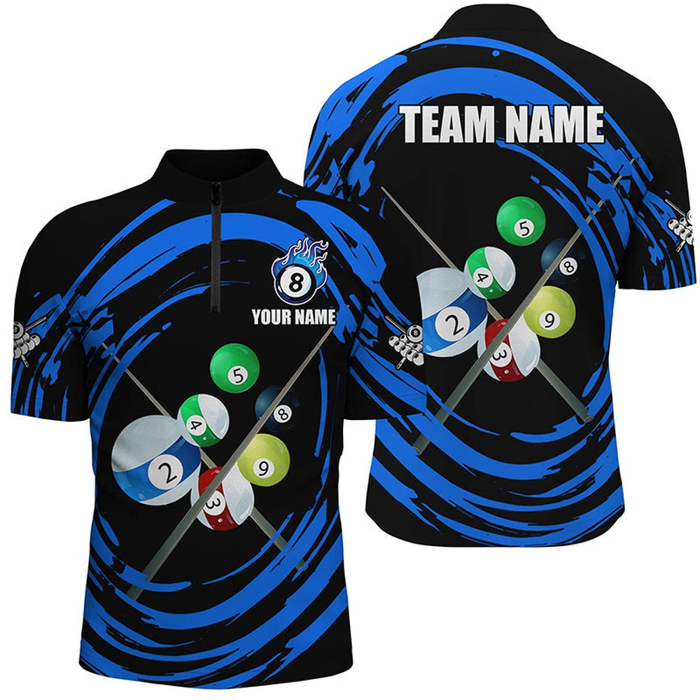 Blue Billiard Balls & Cue Wave Pattern Jersey Shirts Custom Billiard Jerseys, Billiard Team Jersey Shirt