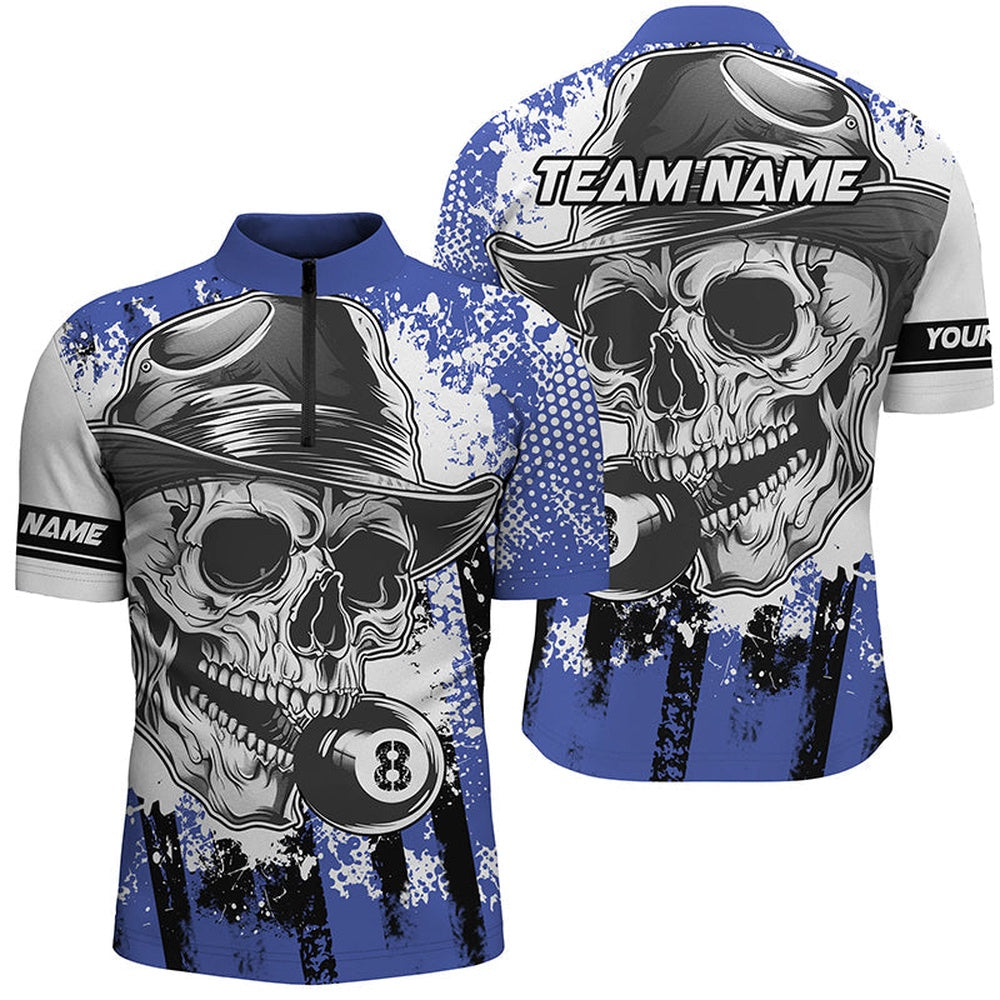 Blue Billiard Skull Holding 8 Ball Jersey Shirts Custom Billiard Jersey Attire, Billiard Team Jersey Shirt